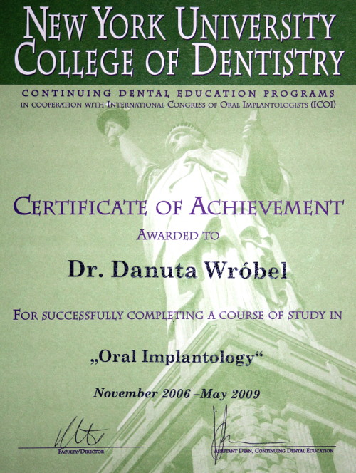 New York Uniwersity College Of Dentistry - certyfikat z zakresu implantologii